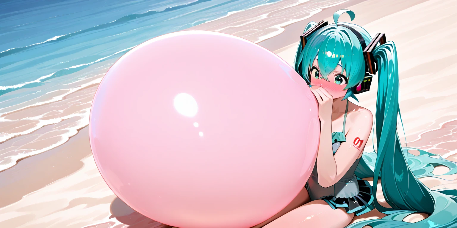 Cute anime girl with pink and cotton candy blue hair, hugging a jellyfish plush, wearing a blue bikini with big boobs big butt