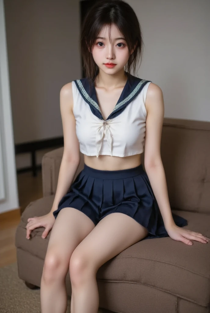 1 pretty female student, Brown_hair, Moderate_bobhair_hair, blue_diaphragm_bearings_sailor_, mini_skirt, short_sleeve, 大leg 大leg 大leg 大leg, big deal_, angry, Smile, Open_Mouth, permanent, port_background, slightly_spread_leg, happy, national foundation, short_Gloves, wet,transparent,cover_nipple, cover_crotch,