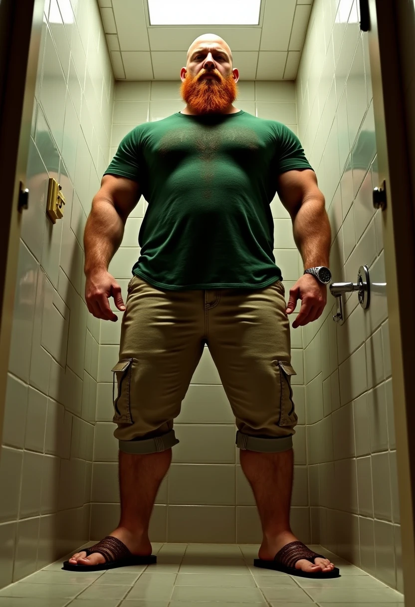 homem branco, alto, barba ruiva, cabelo curto ruivo, vestindo sobretudo preto, bota preta, corpo todo, andando. Vision through a gap gives door