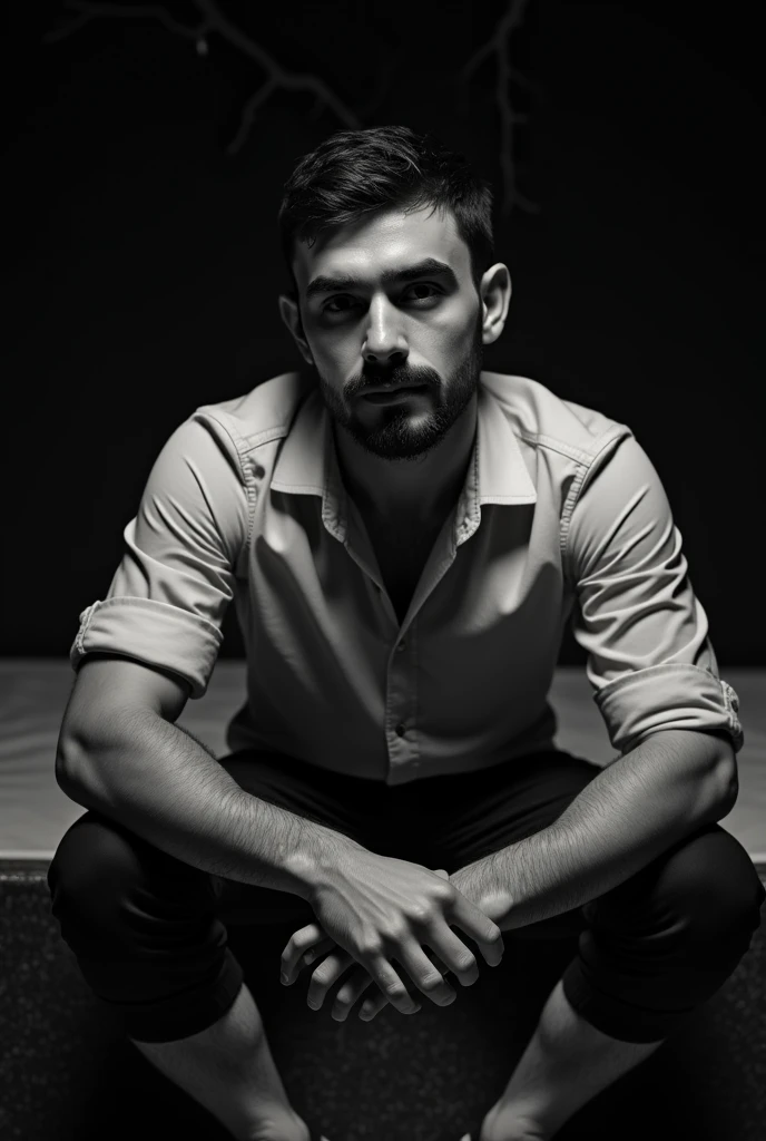 Indian male model with emotional, on the floor terrace, black and white,