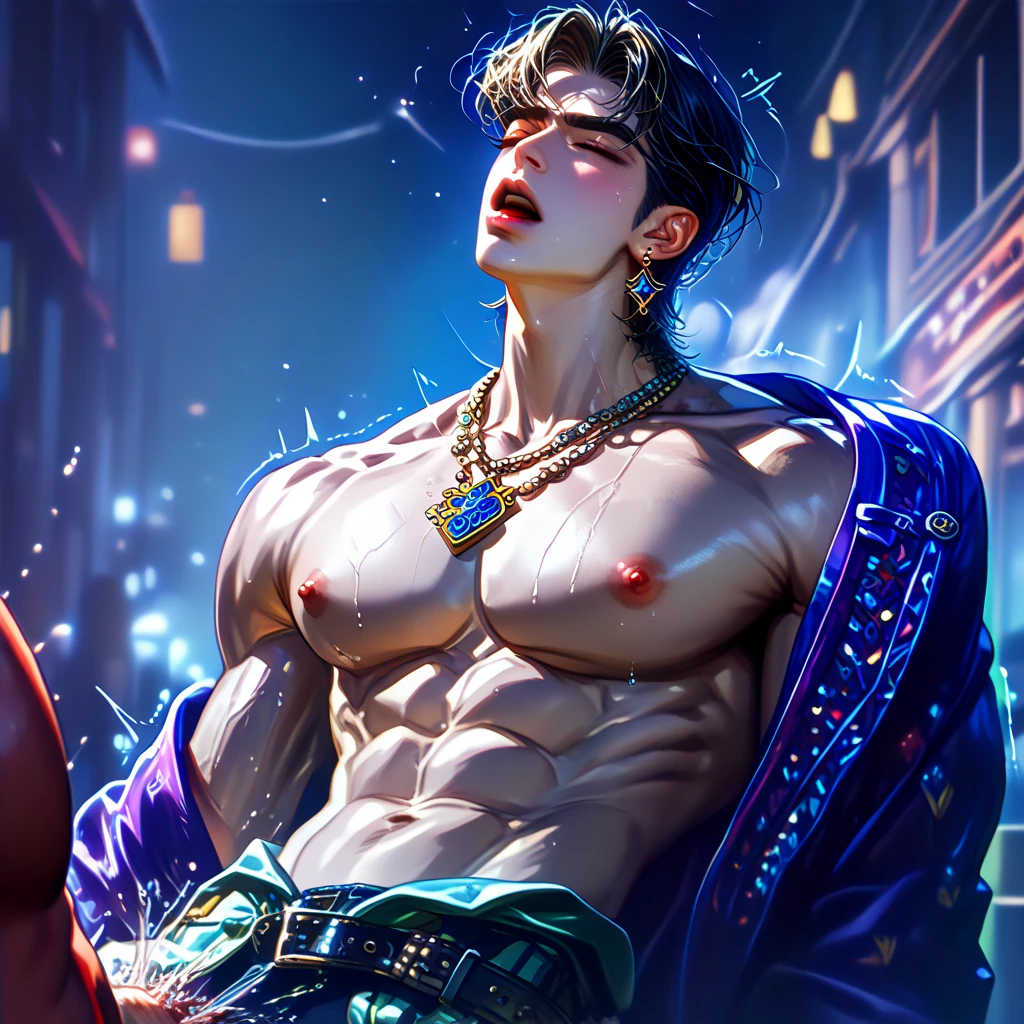 1 male, high resolution 4k, adult, handsome, perfect face detail, detailed eyes and face, clean shaved, sixpack realistic, white eyebrow hair, white eyelashes, Naked torso, Detailed face, perfect face, dynamic lighting, unreal engine, hd picture, satoru gojo, Jujutsu kaisen, white hair, short hair ,hair between eyes ,blue eyes, white skin, Sexy clothes, singlet