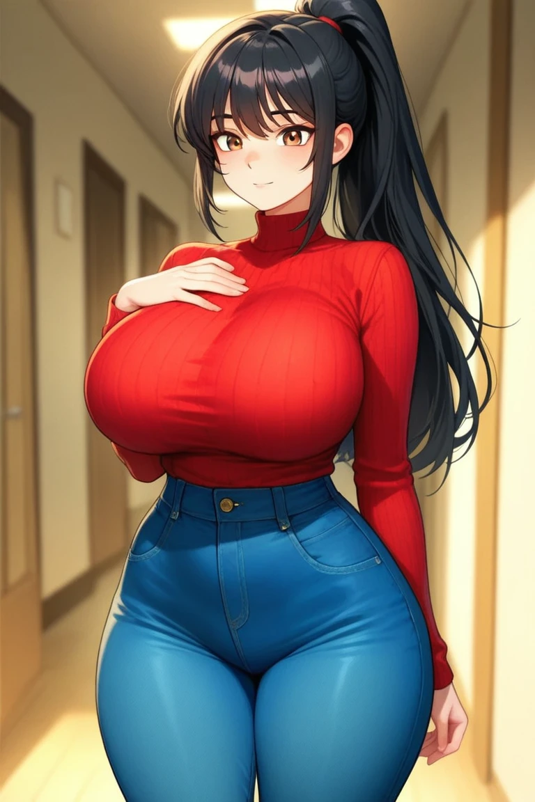 Arab girl deep black hair, long and ironed. reading glasses, a mole on her cheek, she wears a miniskirt, red sneakers and an orange blouse open at the back. big breasts, nsfw, big butt