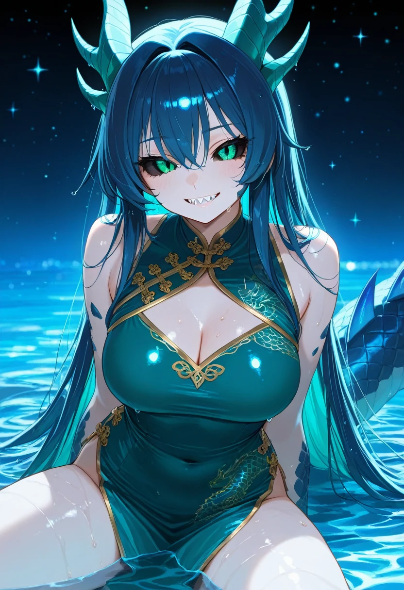 ((Highest quality、unity 8k wallpaper、32k、masterpiece、Very detailed、Ultra-high resolution、Ultra-high resolution、 Very detailedな顔, RAW Photos, Professional, Ultra-fine painting, Anatomically Correct Lizard Girl)) Yui Kotegawa transforms into a Blue Dragon, kotegawayui, Long black hair, Yellow Eyes, ((Reptile Eyes)、mouth with sharp fangs,,,、From shoulder to collarbone、It is covered with fine scales up to its neck...、(In the ass、Juxtaposition, Impressive lizard tail stretching from tailbone to spine) 、Dragon legs with sharp claws、Fine blue scales that stretch like socks down to the thighs、Fine blue scales that grow like long gloves、Long nails)、Nipples are fully visible、((There are fine scales on the sides、It has fine blue scales growing around its waist..., Scales on the back、Scales from flank to thigh))、The boundary between the scales and the skin is unclear、A small fin on the spine that continues to the tail、Giant blue bat wings growing from the shoulder blades on his back