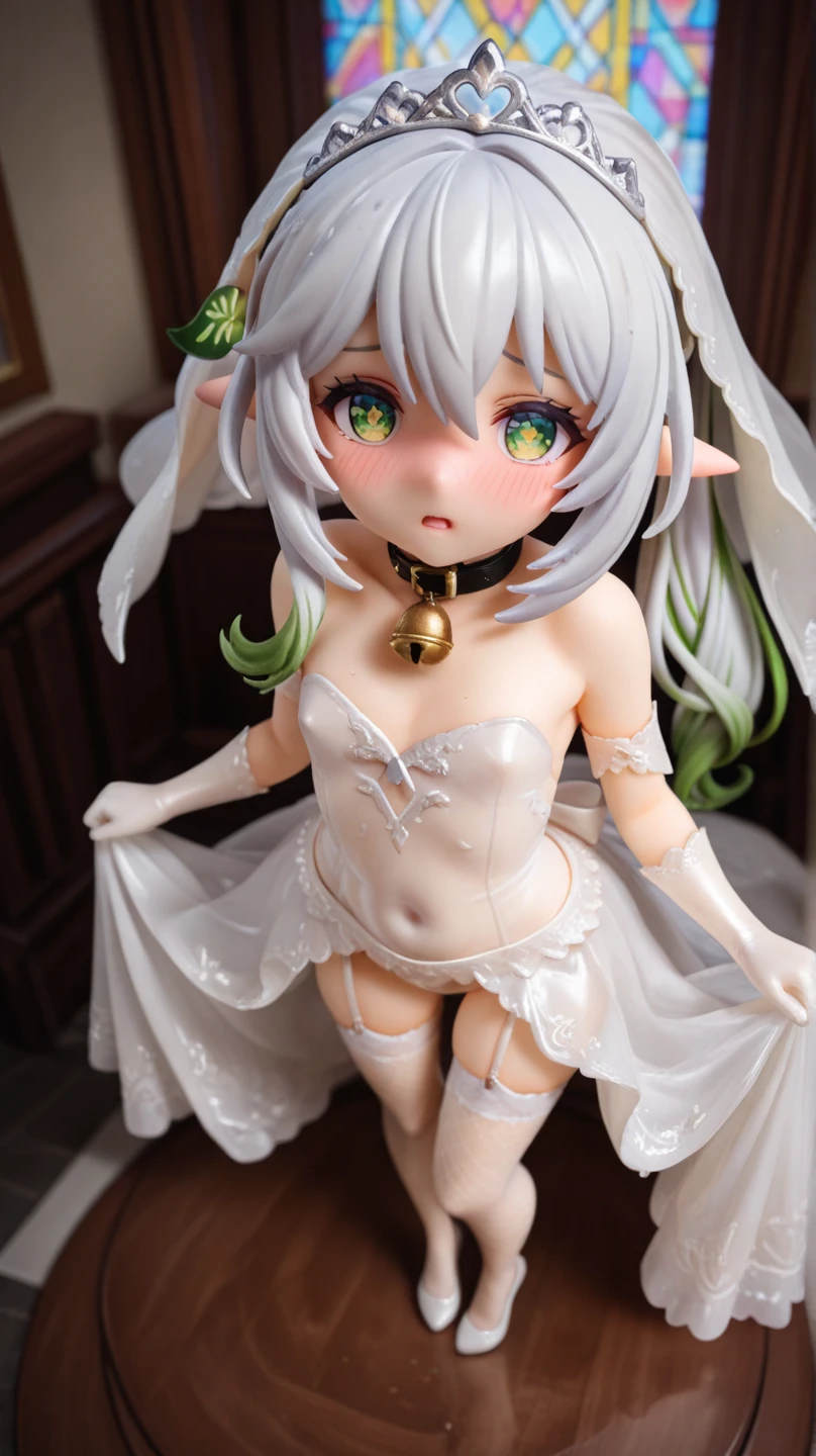 1girl, white hair, green eyes, ((from below)), looking down, pussy, ((black lingerie)), ((lingerie)), (black tights), (thick thighs), ((naked pussy)), ((viewer under skirt)), (under pussy), ((close up))