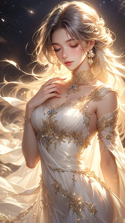 stand up、profile、8K、realphoto、超A high resolution, Master Parts, Best Quality, nffsw , cinematic images,Lovely girl、ann、16 only、Anglo-Saxon、二重まぶた、drooing eyes、Very big eyes、Eyes purple、Dark eye shadow、The lips are very thin、The tip of the nose stretches beautifully...................、the tip of the nose is small,,,,, ighly detailed , Silver hair、Straight short hair、ssmile、 Sweet look 、a very beautiful woman、legs are long、 Very clear shadows , jewely , A sexy , A detailed eye, very intricate, shiny skins , Perfect Brilliant, Perfect Lighting, Dramatic shadows、White tiara on head、Gold necklace around the neck、noble dress with gold embroidery、Glass High Heels