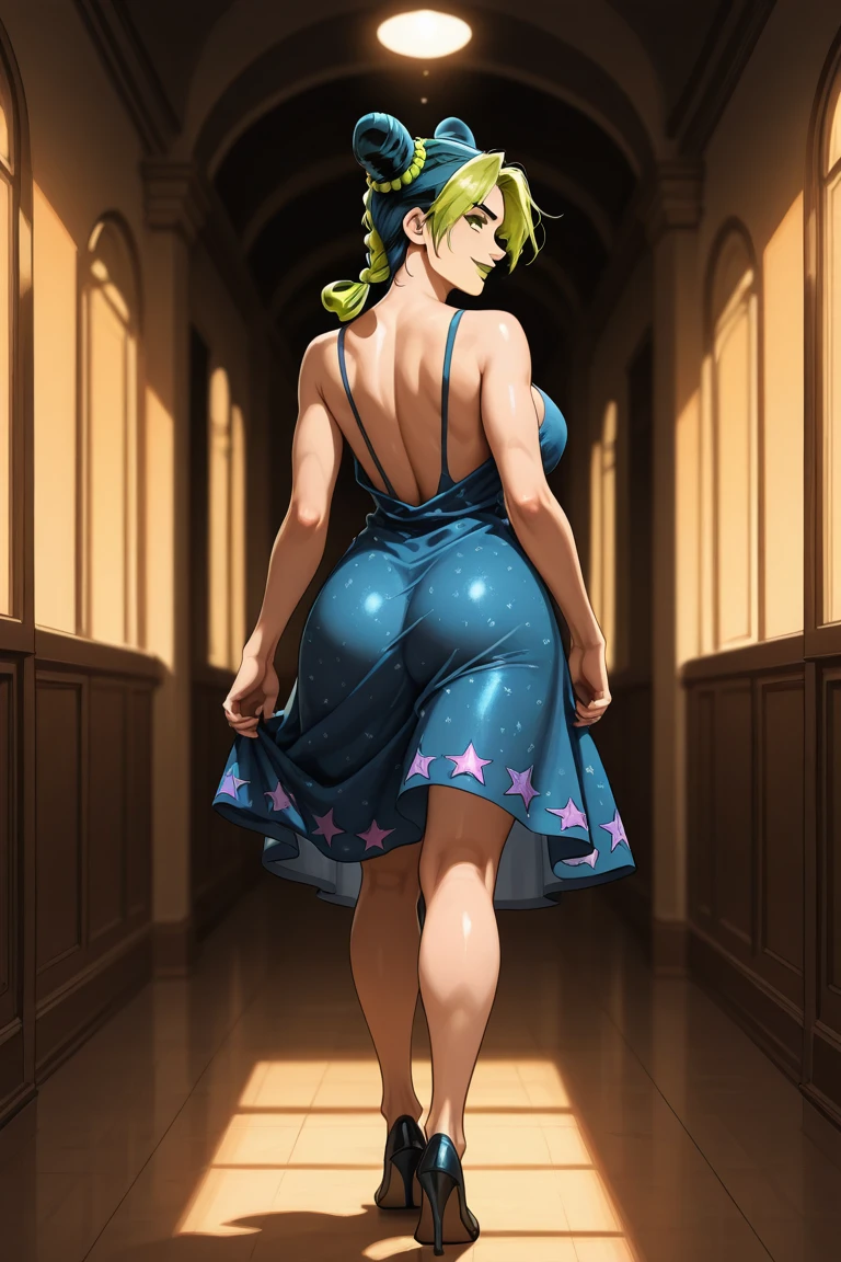 Highest quality, High resolution,((Sailor Jupiter)), One Girl, single, alone, Beauty, bangs, Brown Hair,Long ponytail)), ((Brown eyes, Beautiful eyelashes, )), (( Super anime CG style)), Big Breasts, Dynamic Angle, Perfect body, ((とても恥ずかしいパニックsmile、Look back and see this,Sticking out her butt,(I can see the whole butt)、(White lace sheer panties)、tall、No sleeve,The ruins in the background are very beautiful,Big eyes,(High definition and very beautiful eyes).smile,Deep green ultra-mini skirt,Looking up at the butt,
