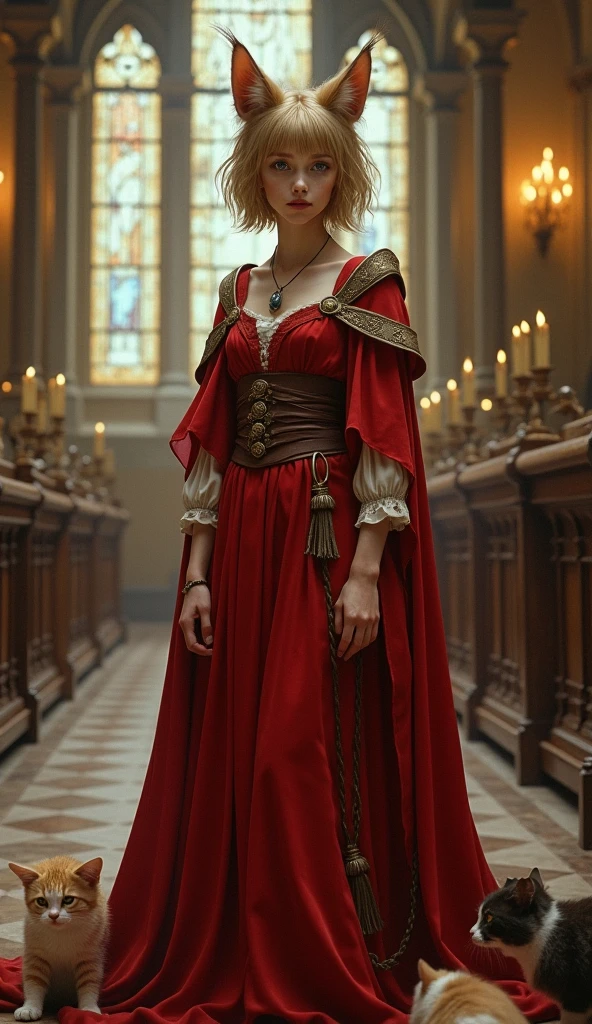 fair complexion, woman around 19 years old, natural white hair, distinctive red ruby eyes, wearing kohl, slender and graceful, beautiful, candlelight in a medieval setting, ultra sharp focus, realistic shot, medieval female clothes, tetradic colors (scarf:1.4), barefoot, soil, ground, grass, standing straight on grass