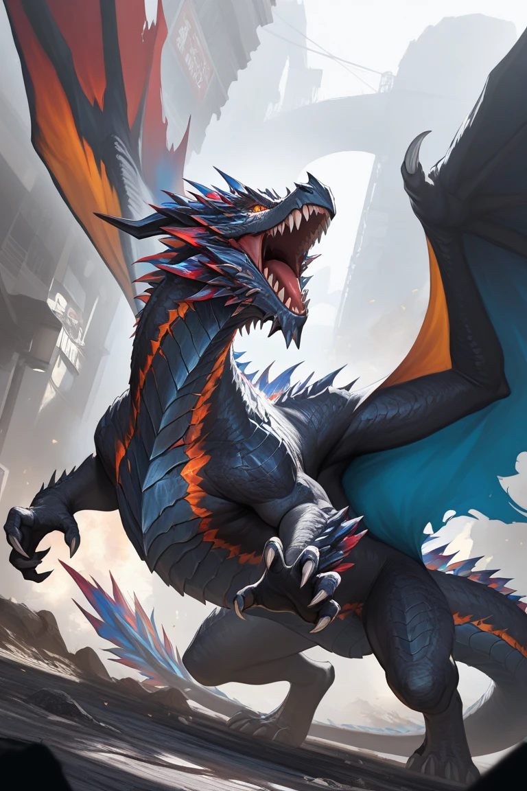 Realistic photos, RAW Photos, darkness Bahamut, attacks viewer, Powerful movements, jump on prey, ((Dynamic jump)), Sharp Claws, Bahamut approaching from above, sudden approach, Bad-tempered, dynamic Shot from grand, ice magic,High resolution, masterpiece, Highest quality, Intricate details, Very detailed, Clear focus,texture, Delicate eyes, Professional, 4K,Shallow and deep, Kodak Vision Color, Exactly, Very detailed, photograph_\(Extremist\), photographpractical, practical, Post-processing, Maximum details, Roughness, Real Life, Extremist practical, Photorealism, photographgraphy, 8K Ultra HD, photographgraphy