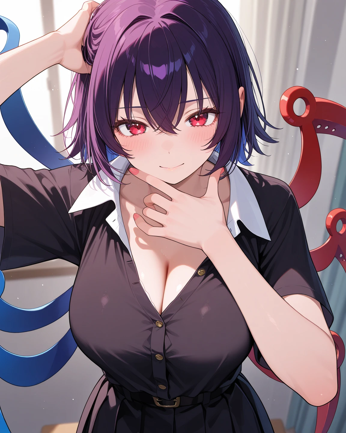 shoujo-style, jk style, (nagisa), short hair, white dress, purple dress, puffy sleeve, large breasts, head tilt, tiled head, upen mouth, yandere, crazy expression portrait, upper body,close-up,