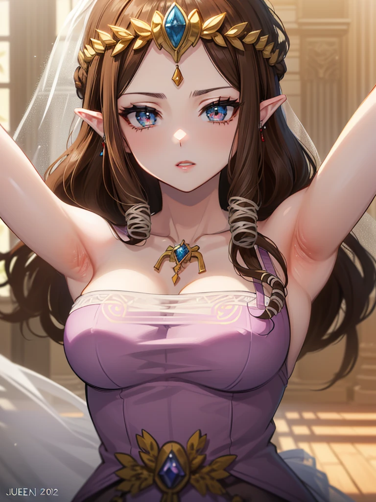 ((((Very beautiful mature woman)))),((surprised),((Scared)),((Close your eyes)),((((Exposed shoulders)))),(((look up))),,(((There is a hair ornament on the front)),,(((Long Hair)))),((Big Breasts)),((((Exposed shoulders)))),((My hair is blowing in the wind)),Princess Zelda, ((Highest quality)),,(Very detailed) ,,((Purple blouse)),Brown Hair,((Embarrassed look)),blush, ((Highest quality)), (Very detailed), ,(((Dark brown hair))),Nintendo, (Straight hair), face,blush,((alone)), ((Highest quality)), (Very detailed), ,