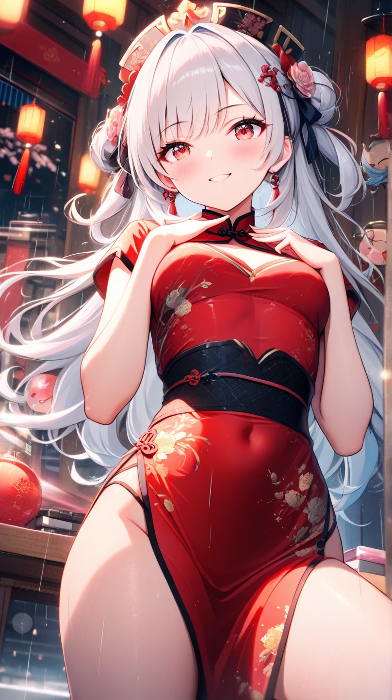 1girl, evil neuro-sama, (yuzu modoki), red eyes, light brown hair, ahoge, two side up, hair ribbon, dark red ribbon, heart hair ornament, chinese clothes, china dress, (masterpiece, best quality), highly detailed, finely detailed, wet, steam, looking at viewer, covered nipples, armpits, arms behind head, bare legs, covered navel, side slits, standing,