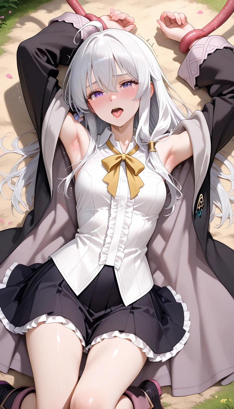 ((Highest quality)), ((masterpiece)), ((Very detailed)), (Very mature),A cute, gentle-looking female high school student with black hair and a height of about 165cm.,A female high school student with big breasts and a cute smile wearing a transparent blue waifus with a cute patterned hood and bare shoulders, A gentle woman with a slightly long vertical face,Small Faced Woman,alone, Cute attitude,(background(bright),Long Hair - Straight,Knee-high socks、A transparent blue veil with a cute pattern and white hood with off-the-shoulder sleeves,White wall、Sitting、Facing the viewer、縁に模様がある壁が1面のbackground