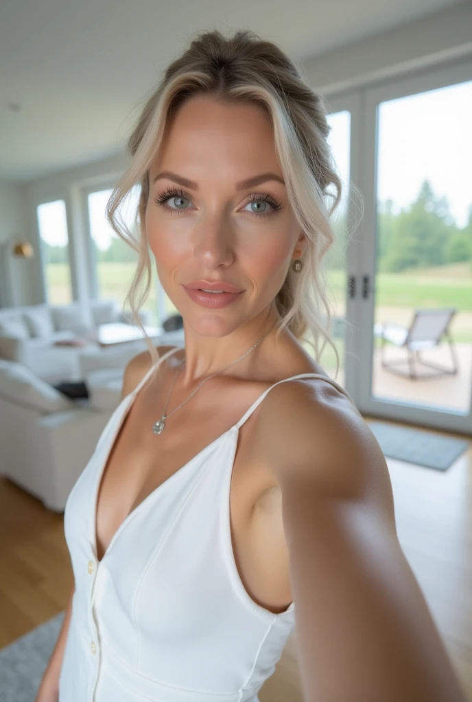 beautiful woman of 45 years old with blue eyes, blond with brown roots, hair in bun with tendrils, looking directly at the camera, very realistic, instagram selfie, closeup face, at home, silk floral pyjamas, clothes tight against body, clothes too tight, film grain, fit muscular body, big breasts, focus on face and torso, clothes too tight, seductive, silk robe