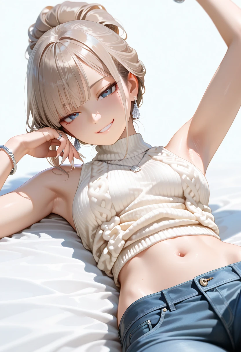 ((topless)), nsfw, masterpiece, solo, 1 girl, erect nipples, nipples, navel, necklace, scottish kilt, smiling, hair ornament, bare breasts, bare stomach, sweaty, cowboy shot, small breasts, puffy nipples, texts, bare arms, collarbones, blonde, flower crown, smiling, petite, flat chest, blue eyes, scottish skirt, small breasts, child, apple basket, farm, alpine, temperate, outdoors, petite, slim waist, snowy mountain, detailed eyes, beautiful eyes, perky boobs, realistic skin