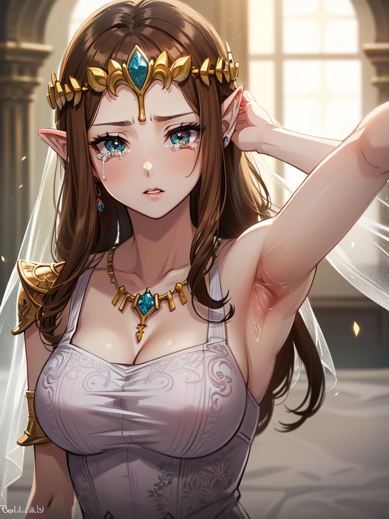 ((((Very beautiful mature woman)))),((surprised),((Scared)),((Close one eye)),((((Exposed shoulders)))),(((look up))),,((()),,(((Long Hair)))),((Big Breasts)),((((Exposed shoulders)))),((Front Face)),Princess Zelda, ((Highest quality)),,(Very detailed) ,,((Wedding dress)),Brown Hair,((Embarrassed look)),Blushing, ((Highest quality)), (Very detailed), ,(((Dark brown hair))),Nintendo, (Straight hair), face,Blushing,((alone)), ((Highest quality)), (Very detailed),((Beautiful straight hair)) ,