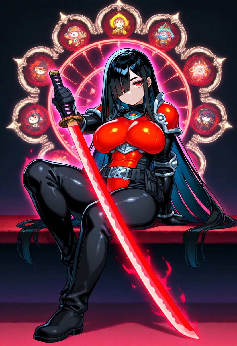 ultra-detailed, Explicit, Beautiful body, Beautiful Nose, Beautiful character design, perfect eyes, perfect face, ultra highres, 4K, beautiful legs, perfect legs, Nice hands, Perfect hand, Masterpiece, Best Quality, Highly detailed, illustration, absurdres, street fighter, doll suit, shadaloo doll, dollsuit, girls, multiple girls, expressionless, blank eyes, looking at viewer, red gloves, emotionless, black latex, corrution, mind control, female combatant, full body, hypnotized, unhappy trance, full body suit, ribbed bodysuit, both arms at side, stand up straight, obey, perfect female body, extremely glossy latex, hypnosis, hypnoLora, empty eyes, Mind control device, poses, brainwashed, submissive_pose, Slave, hat, necktie, stand up straight, standing, standing at attention, belt, extending the right arm from the shoulder into the air with a straightened hand, nazi saluting, military, military saluting, salute, right hand saluting, left hand at side, latex, ribbed bodysuit, wide hip, thicc, a curvy body, garter belt, black thighhighs, frilled sleeves, stakes of purgatory, purple hair, long hair, purple eyes, big breast, Featherine Augustus Aurora