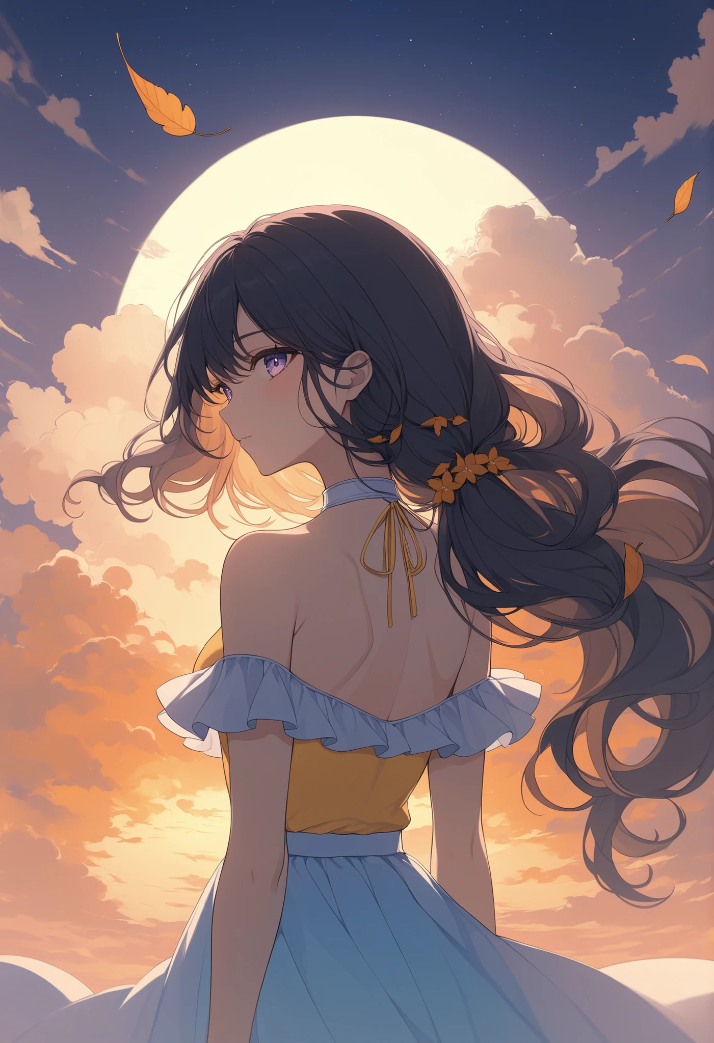 ((pastel)),amarelo e laranja, toque suave, Cores Suaves, Woman with her back seen from the waist up, long wavy ponytail hair, olho bem desenhado, olho perfeito, A masterpiece with clouds, por do sol, inicio da noite, The leaves are flying