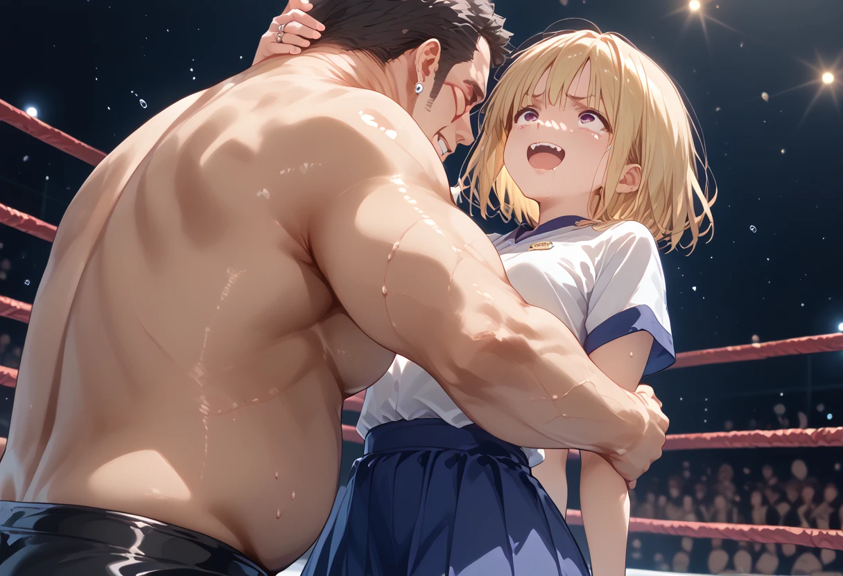 (((masterpiece))),(((best quality))),(ultra-detailed,high resolution:1.2),(illustration),((an extremely delicate and beautiful)),(detailed background), (((suspended congress))), fullbody, ((face to face, hug, sex)), toes, standing, (((wrestling ring)))), ((1petit girl)and(1shota boy)),hetero, ((((1petit girl,short stature)))), ten years old, (slender body:1.4), (long hair, french braid),straight hair, blonde hair, light blue eyes, ((((flat chest)))), covered navel, collarbone, pale skin,shiny skin,((She wears one piece swimsuit,frilly swimsuit, hair ribbon)), ((((panicking)))), (wavy mouth), open mouth, (trembling), (cum on clothes:1.4),cum on body,excessive cum,cum facial,bukkake,cum on hair,cum in pussy, clothing aside, clothed, (1shota boy, short stature:1.4), small penis, ((((he has hair)))), he looks ahegao, text,