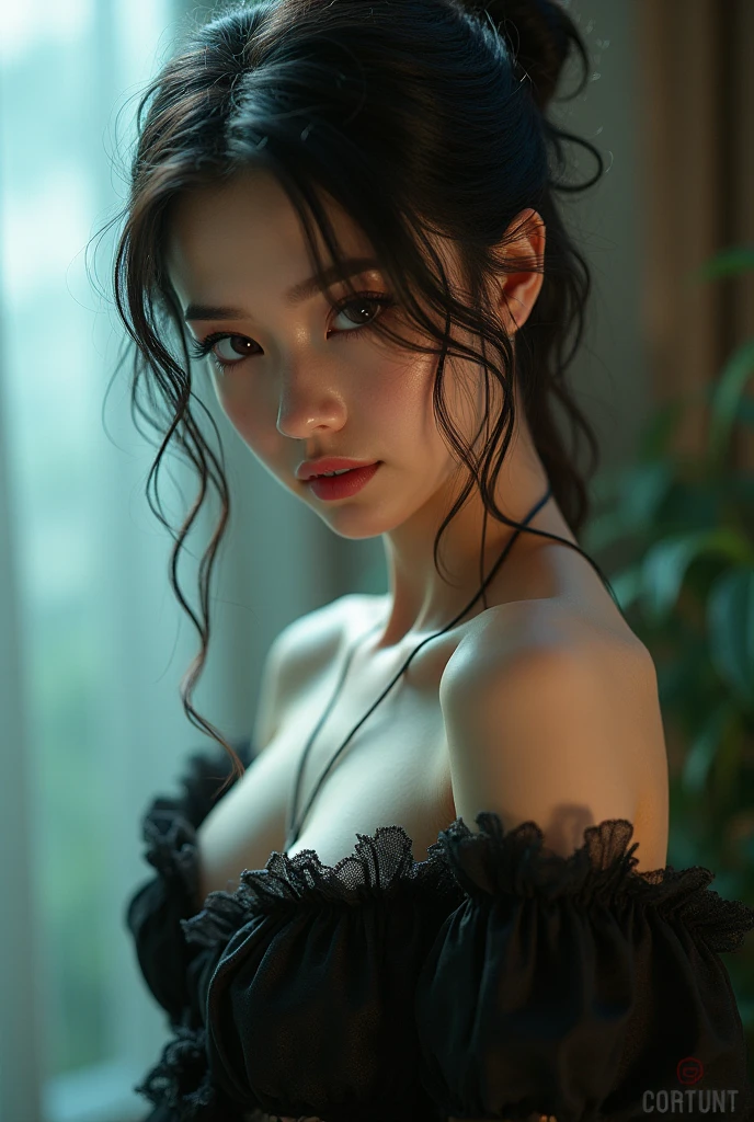 (Extremely meticulous CG),(((8k))),wallpaper,((Extremely refined and beautiful)),(((Masterpiece))),(((best qualtiy))),(((Ultra High Resolution))),beautiful light up,Perfect lightning, bright lighting ambience atmosphere ,(Smooth and flawless fair skin:1.5),Extremely exquisite facial details,ultra-detailed,1 realistic young sensual girl,solo,(dark blonde messy hair:1.2),(realistic cleavage:1.2),(realistic breasts:1.2), realistic Exquisite sexy curvy body ,(shiny skin:1.5),(satisfied:1.2),(seductive:1.2),(realistic perfect body:1.1),(nice breasts:1.2),(sexy chest:1.2),((slim)),slender legs,(from front:1.2),(upper body:1.3),(bright light:1.2),(The body is wearing half-opened gray towel:1.2 ),(Sweat:1.1),indoor, jacuzzi in a modern Palace,hot steam,plump, ((hide invisible body with the reflection of hot water)), ((soaking up to the shoulders)), full waist up pose , upper knees pose