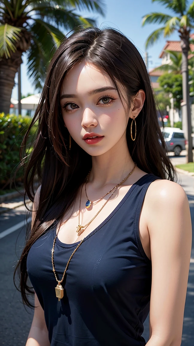 close-up of beautiful korean female, 34 inch breasts size, ponytail, wearing blue tank top, necklace, at the pier, foggy atmosphere, UHD