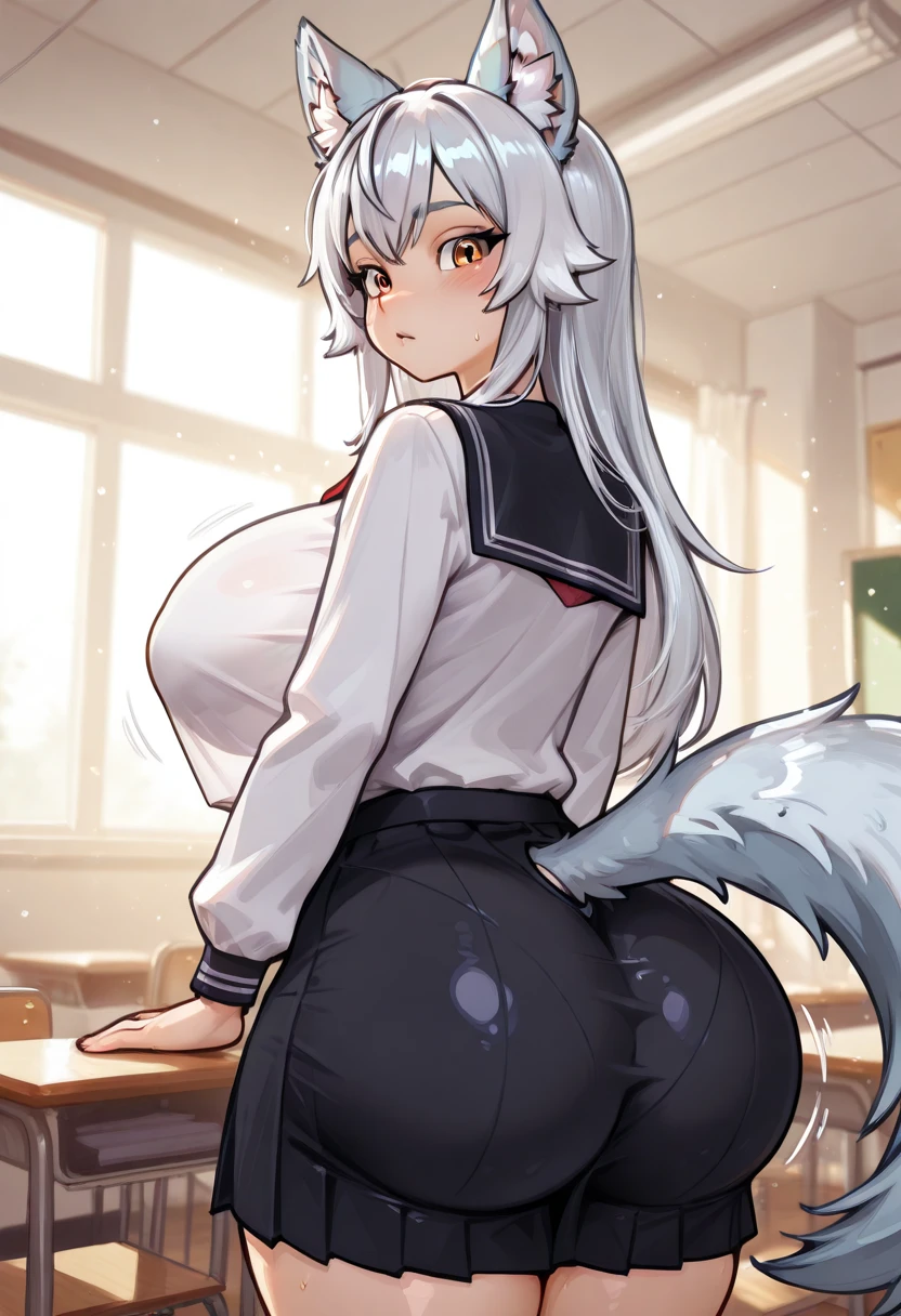 Anime nsfw , Silver Hair, Large Breasts,(child)(High quality eyes) ((ass pov))+, squat, Looking at me Indoors, solo, (((school uniform))) (Black Uniform)((Wearing a skirt)) Embarrassed, Charming smile blush, (From below)+, ((Yellow smoke rising)) (Stand in front of the screen),(Her ass is facing the screen)) (((A girl farts)))