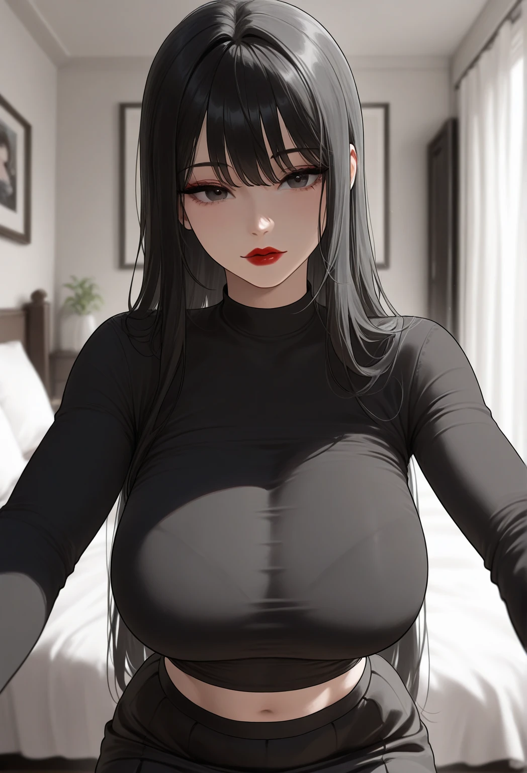 masterpiece, best quality, <lora:suimaxx:0.6>, suimaxx, 1girl, 3d, black hair, long_hair, sleeveless_turtleneck, sleeveless, solo, open_mouth, (looking_at_viewer:1.2), scared, blush, indoors, (face focus, closeup:1.2)