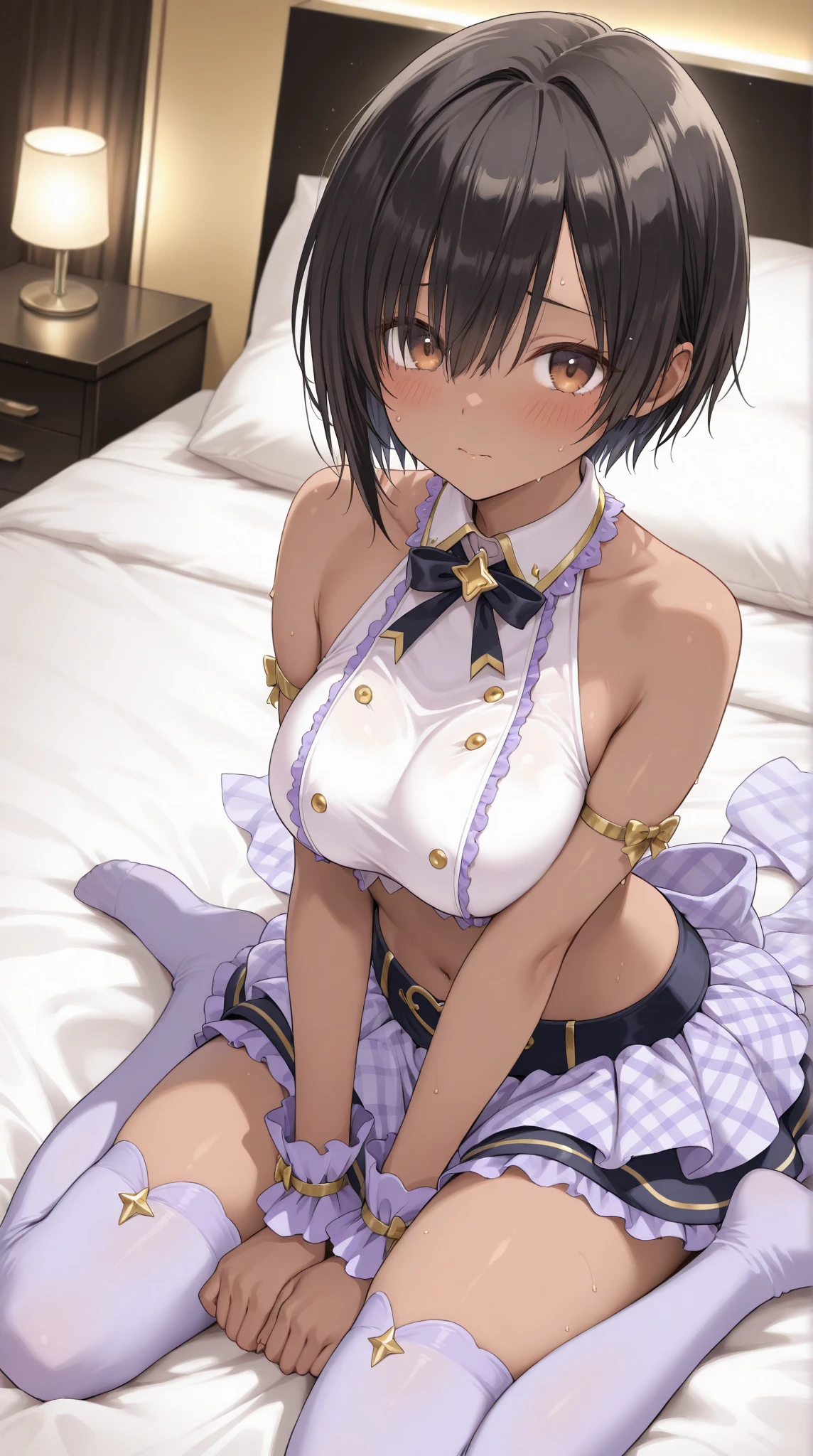 Highest quality, masterpiece, 4K, Highly detailed face, Highly detailed skin, Highly detailed wallpaper, Japanese anime, Second Dimension, Fine skin, Very beautiful cleavage, NSFW, Baby Face, whole body, One girl, Embarrassed face, On the bed, Bob Hairstyle, Brown Hair, Detective Conan, Haibara Ai, Shelley, Sweaty, Adult appearance, Cosplay, Mine system, mini skirt, Female , gets on the face, Eyes are hearts, Masturbating, Squirting, Seducing a man, Spread your legs in an M shape