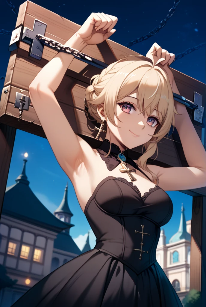 masterpiece, best quality, JingliuV5, 1girl, solo, gloves, gloves, dress, bare shoulders, closed mouth, boots, sky, black gloves, black footwear, blindfold, night sky, full moon, elbow gloves, armpits, arms up, ((chain, bound, restrained:1.3)), sitting, wariza, night, starry sky, sky, cowboy shot, view from below, far shot