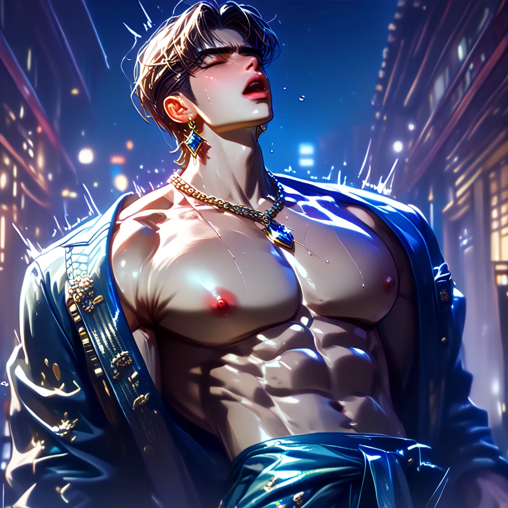 highest quality, 8K, high resolution image, anime style Jujutsu Kaisen, (Gilgamesh | Fate), detailed strokes, bored look , blurred, purple light reflecting from it, (close angle), 1 man, young, male, model, hand in pocket, cool guy, multicolored Background with various geometric shapes, around stickers, muscular, Blue hair, Hairstyle, Hairstyle:Undercut, Red eyes, short Hair, Blue hair, highlighted hair ,swollen chest, He is wearing a black sportjacket and black sweatpants, Black Sportjacket, black sweatpants and a gold link chain, sweatpants, Background: Room,