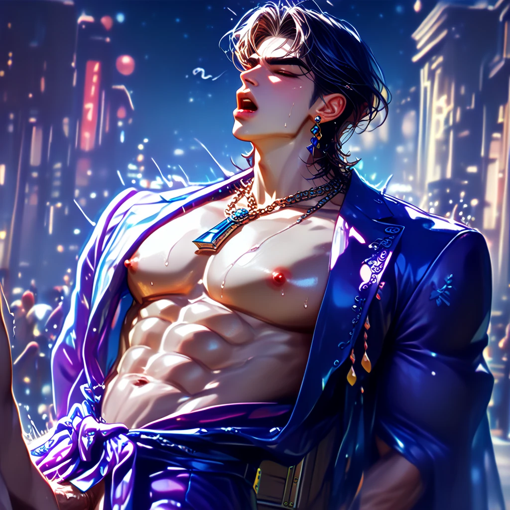Chinese style handsome man, Red-light district, New Carnival, purple hair, one long braid, wearing pink round glasses, slim face, male, solo, masterpiece, masterpiece,1boy