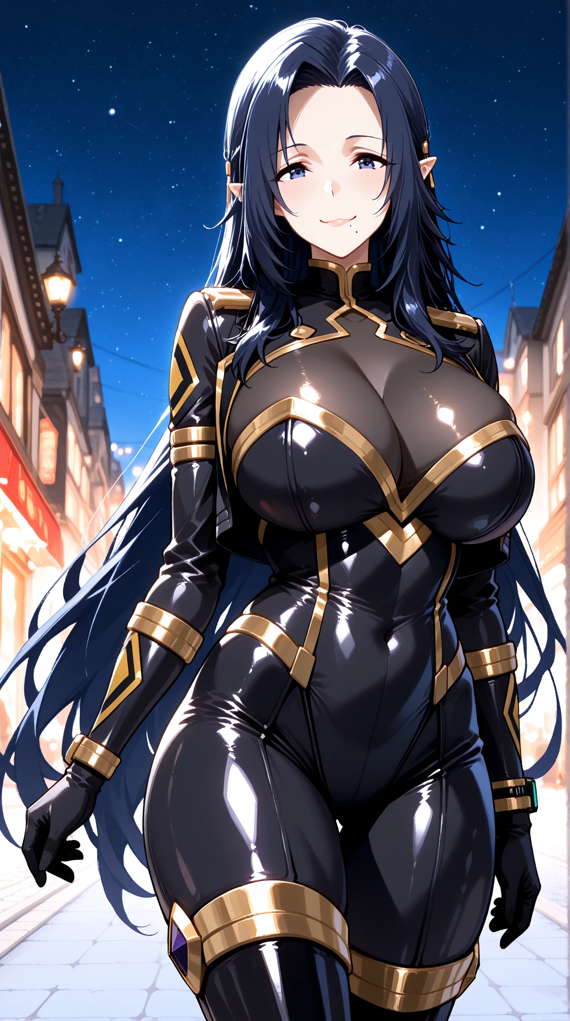 walking on road at midnight background, empty streets,
cowboy shot, Annerose,
black outfit, bodysuit latex,
black_hair,yellow_eyes, long_hair, hair intakes,
1 girl, 35yo,mature female,Beautiful Finger,Beautiful long legs,Beautiful body,Beautiful Nose,Beautiful character design, perfect eyes, perfect face,
looking at viewer, (big_yellow_eyes:1.0),(happy smile:1.3),
NSFW,official art,extremely detailed CG 8k wallpaper, perfect lighting,Colorful, Bright_Front_face_Lighting,
(masterpiece:1.0),(best_quality:1.0), ultra high res,4K,ultra-detailed,
photography, 8K, HDR, highres, absurdres:1.2, Kodak portra 400, film grain, blurry background, bokeh:1.2, lens flare, (vibrant_color:1.2)
(Beautiful,large_Breasts:1.4), (beautiful_face:1.5),(narrow_waist),