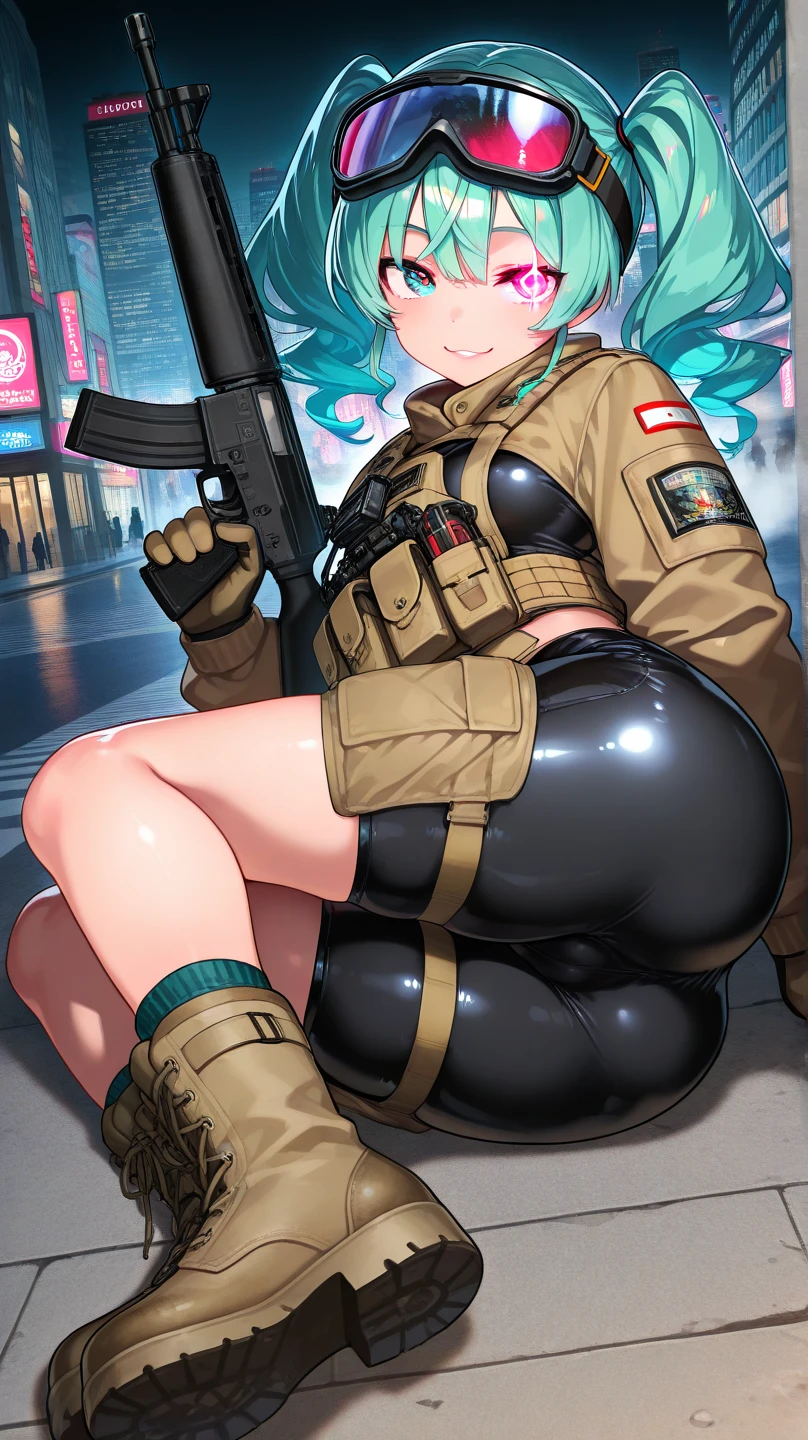 ((masterpiece)),(best quality),official art,extremely detailed CG,unity 8k wallpaper,ultra detailed,1girl,solo,ela, jacket, leggings, latex legwear, fingerless gloves, military uniform, camouflage, baseball cap, goggles on headwear, 1girl, solo, handgun, spotlight, looking down, determined, dramatic, cute, booty, backside facing viewer, thicc , really attractive