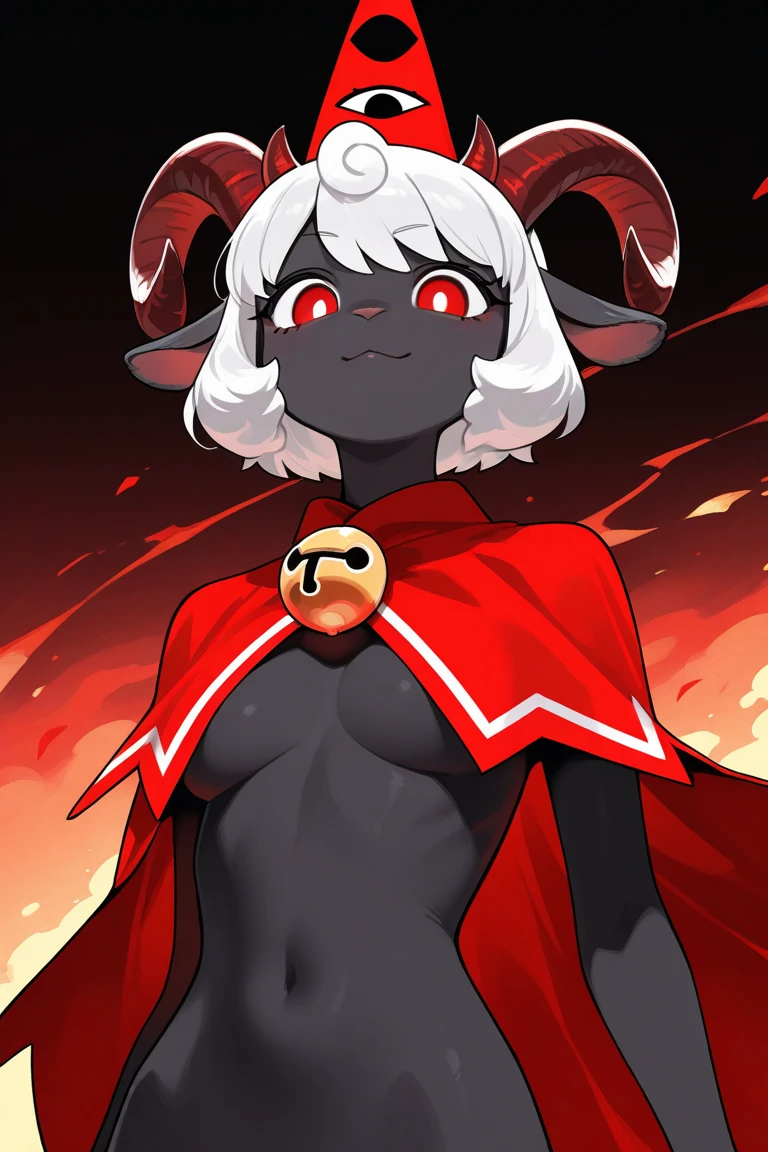 score_9, score_8_up, score_7_up, score_6_up, 1girl, gorgeous girl , kawai girl , cute face ,beautiful eyes, white hair, anthro, caprine demon, black body, white wool, white hair, horns, animal ears, black/red eyes , expressive ecstacy, (((no bra, acidental exposure ))), large saggy breast, cleavage, ((wide hips)), navel, jewellery, wet body, water droplets, (((red capelet, black crown))), standing , (slim fit), pose , nipples, pussy, boob focus, dark background,