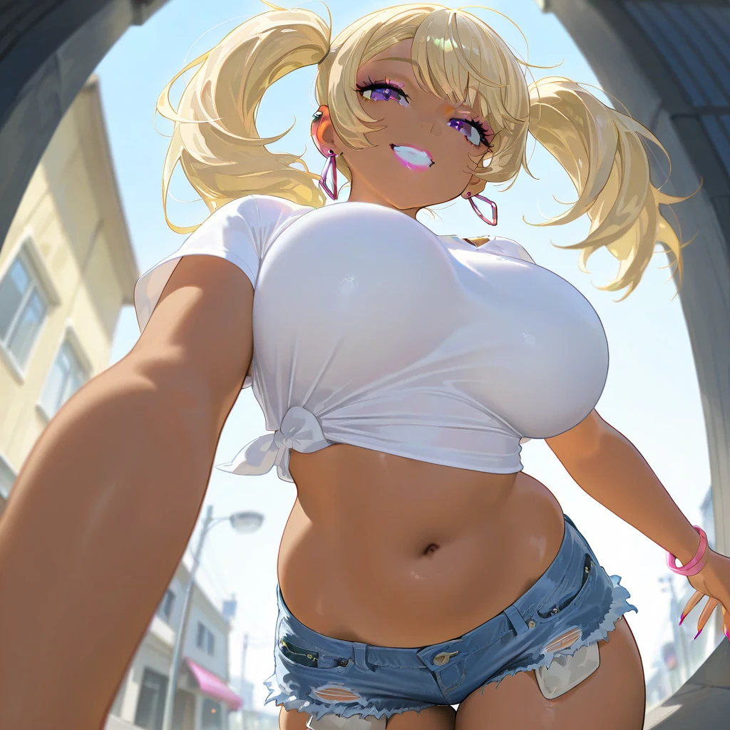(nsfw),masterpiece,ultra detailed,sharp focus,high resolution,(night light at midnight,midnight,night,dark,:1.3),(tareme, cute girl),(curvy body),thick thighs,gigantic breasts,high beams,seductive anime girl,(off-the -shoulder black blouse,elegant frilled blouse,boots,short flare skirt,white skirt,naughty undies:1.1),necklace,earring,(blonde hair:1.2),(peace sign,double peace:1.1),(tanned skin:1.3),(blushed:1.3),(squatting on ground,spreading legs),(at off street,back alley:1),(black armpit hair,pubic hair),(wet skin,saliva,opening mouth:1.1),,(excessive cum in pussy,bukkake,cremapie:1.1),smile,arms up