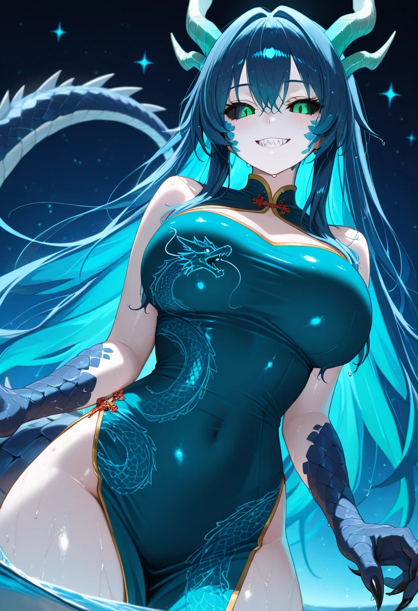 ((sea monster girl)) Masterpiece, best quality, 1 girl, long hair, Beautiful Eyes, Perfect Eyes, ((Dark blue Hair)), ((long hair)), ((Girl with leviathan features, Girl with huge tail , Blue skin, dominating gauze, girl with scales, View of a giant Girl, detailed tail, huge tail, girl with tail, sea creature tail)), ((Standing)), ((posing with hands on hips)), Sexy, Sensual, Cyan Blue eyes, ((Nice Thighs, Huge Boobs, Extra Huge Breasts)), ((Dominant look at viewer)), creatures in the background, giant creatures in the background, adult woman, seductive, big bust, Dominant look at viewer viewer, underwater background, darkness in the background under the ocean, depths of the sea in the background, ((underwater))