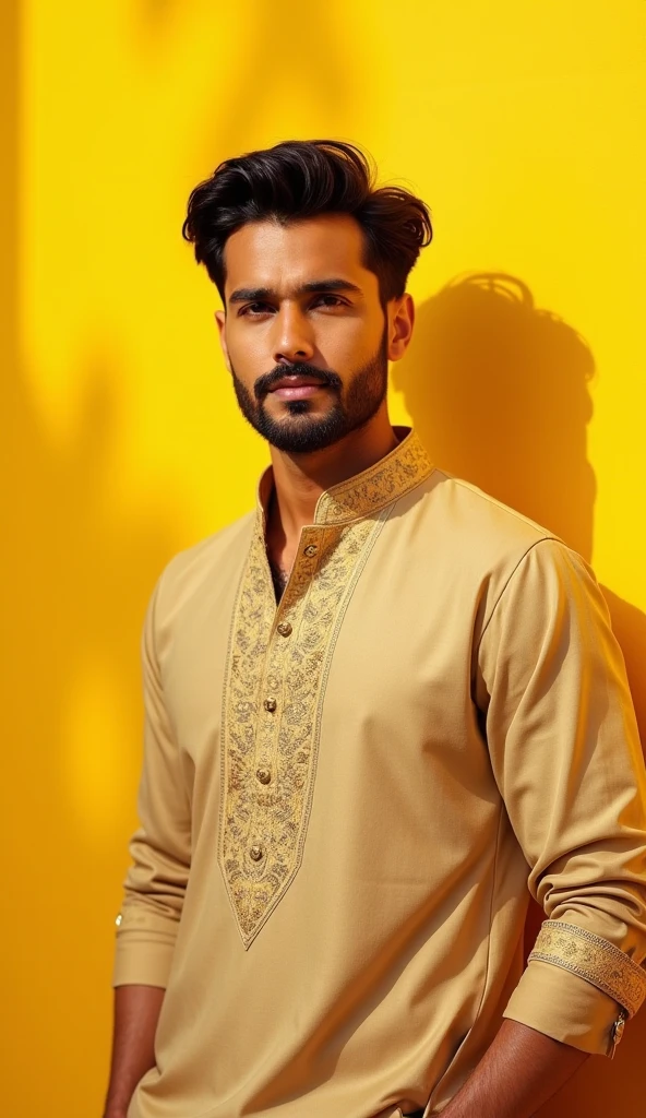 a handsome healthy body man in day light wearing white and green kurta shalwar with beautiful designed green muffler on shoulders on independence day, with a backgroun of blur lights and oakistan flag celebration