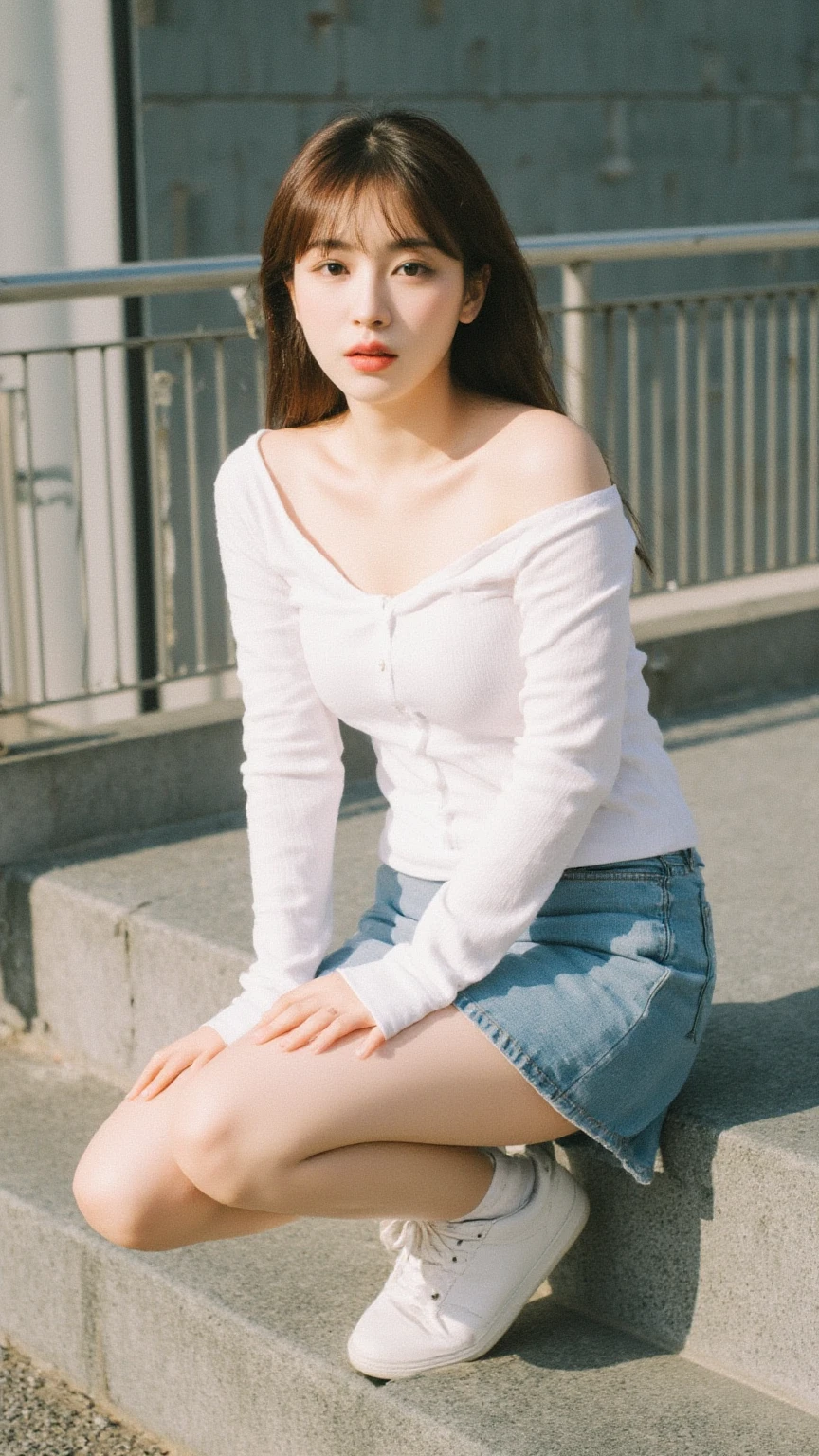 (8K、RAW Photos、Highest quality、masterpiece:1.2)、(Realistic、Photorealistic)、1 Girl、((forest、Off the shoulder、、Black Mini Skirt、Ribbon on chest、Blonde、Knee socks、boots、Big Breasts、Look forward、Are standing))、