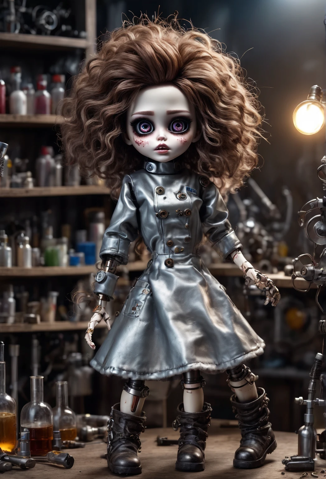 (best quality,4k,masterpiece:1.2),super detailed,lifelike:1.37,doctor'laboratory,doll on table,Possess human emotions and intelligence,scary mechanical doll,big eyes,dark eye makeup,Mechanical joint,fluffy hair,whole body,boots,Metal skin decoration,dirty,tattered clothes,glow