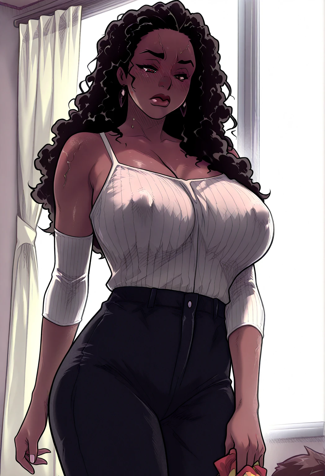 best quality, 1woman, very curvy, massive breasts, mature, , smiling, long black curly hair, brown eyes, beige wooly cardigan, white silk dress, very dark brown skin pretty face, motherly, thick body, full lips