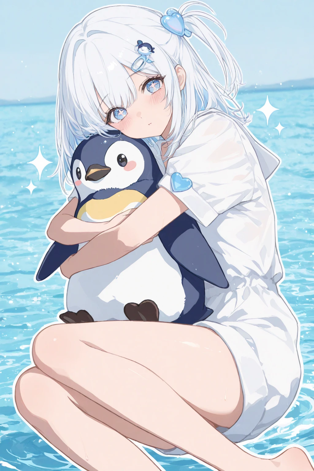 score_9, score_8_up, score_7_up, 1girl, looking at viewer, hands_behind_back, naughty smile, blush, brown hair, micro bangs, silver eyes, flat chest, light blue penguin costume, covered nipples, glittering light, living room, fisheye <lora:oyari_ashito_PonyXL_style_v01:1>