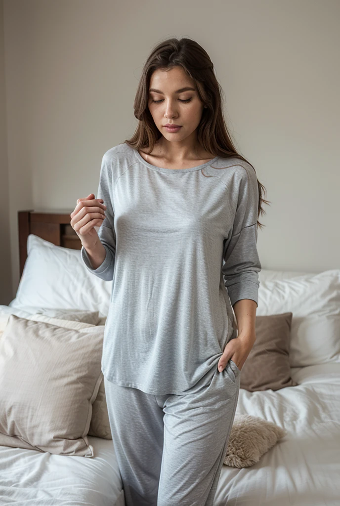 make her pose in a living room of a modern apartment with a balcony in the background dressed with a sexy shirt 