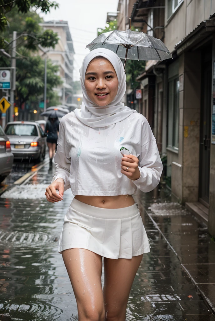 Young beautiful sweet sundanese Bogor city girl, 24 years old, slim body, georgeus face, no underwear must view, wearing wet white thin hijab, wearing wet white very thight see through transparent t-shirt, wearing wet white thight strict transparent legging, standing under the hard rain on the Bogor city street side walk, rain drop visible, water flowing down through all the thing, dense hairy vagina exposed visible through her legging, happy face, both two hands waving up, realistic normal fingers view, wearing wet glasses, realistic, very detail, no cartoon,
