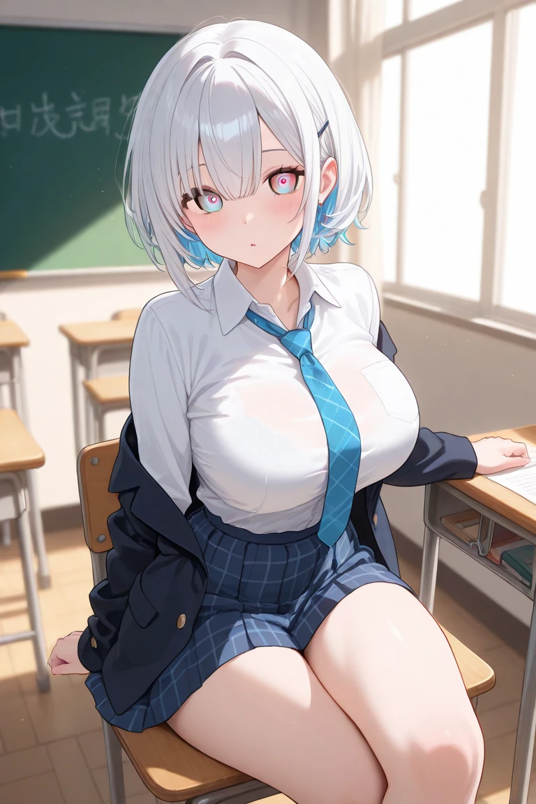 ((masterpiece)), ((best quality)), (ultra-detailed), ((sexy)), (ero), anime style, in the classroom, a cute girl, 1girl, solo, , beautiful silver hair, beautiful blue eyes, ((beautiful eyes)), large breast, glasses, mask, cool