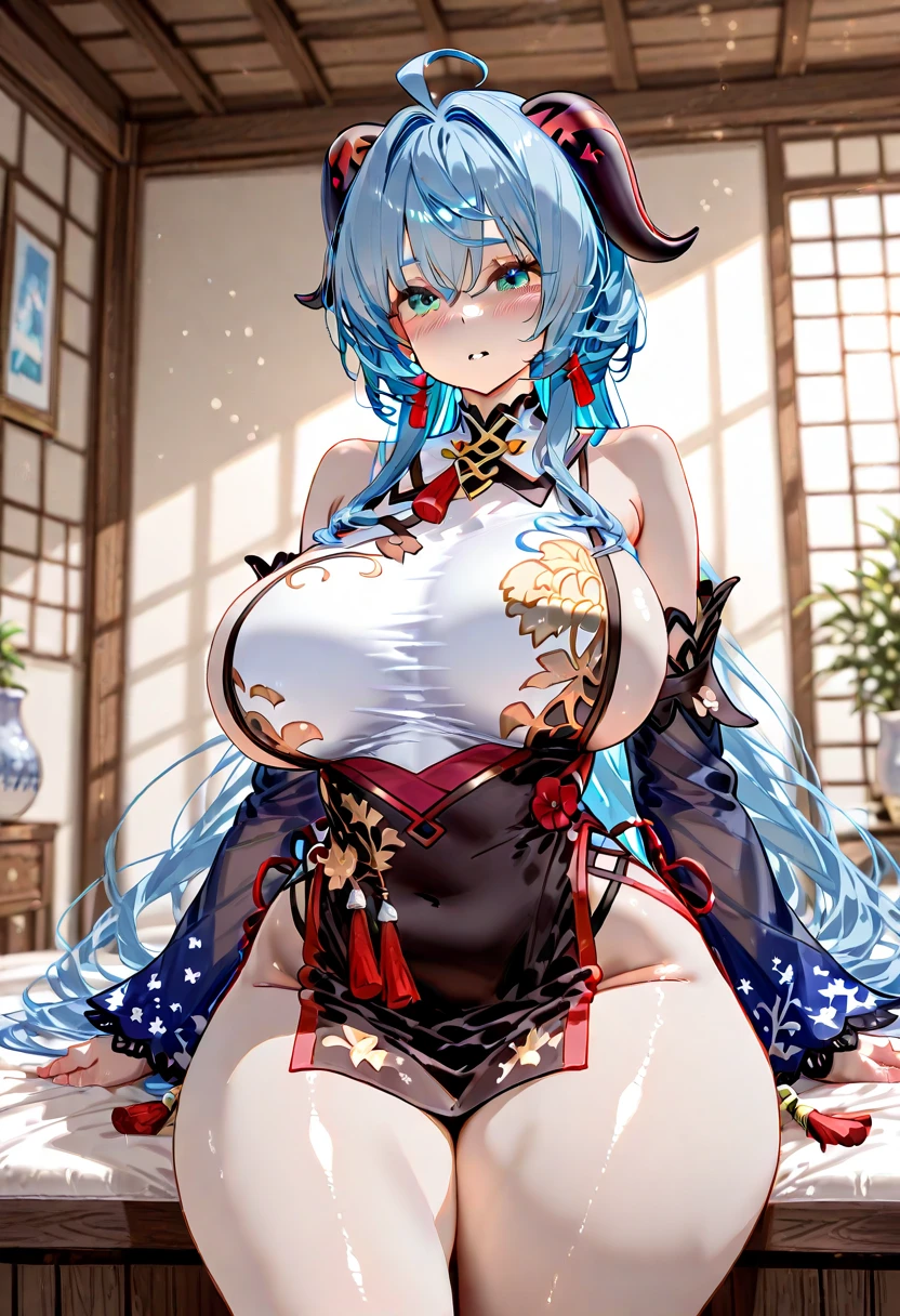 masterpiece, best quality, 1girl, solo, long hair, light blue hair, braid, curly hair, milf, huge boobs, mommy, thick, succubus, expressive eyes, lipstick, earrings, necklace, big eyelashes, blush, seductive, beautiful, cute, adorable, fox ears, sexy, kimono