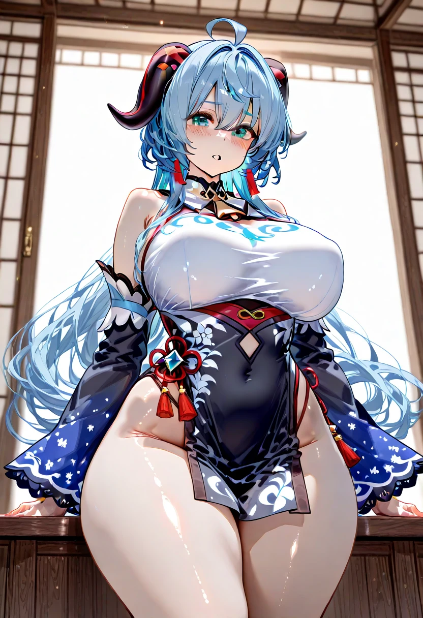 Sangonomiya Kokomi Genshin Impact Full (nsfw.:1.2), (10, best quality, masterpiece: 1.4), ultra high resolution, (realistic, realistic: 1.48), 20 year old cute, , Famous Japanese celebrities, big breasts, blue eyes, tilted head, cowboy shot, from the front, looking at the audience, expressionless, beautiful lake, Zeiss 150mm F/ 2.8 Hasselblad, in Japanese shrine , whole body, feet, ultra wide angle