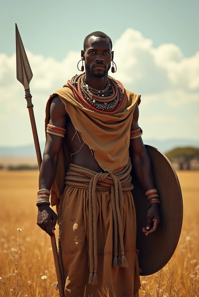 
image depicting a strong powerful african warrior standing guard at his village