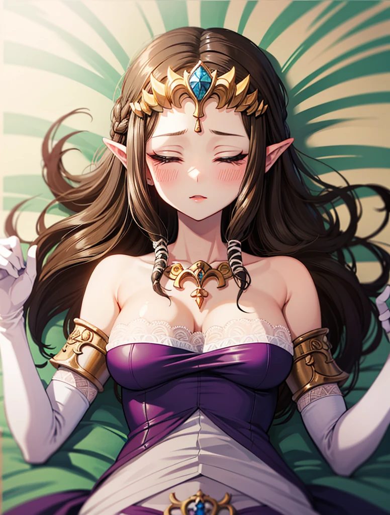 ((Show your armpits)),((((Exposed breasts)))),((overhead shot)),((bo)),((((upper body)))),((Crying)),,((alone))Anime art style,masterpiece,(Highest quality), (Super detailed),(Very delicate and beautiful),(alone),(Detailed face ),(((Close one eye))),(((((Mature Woman,Queen))))),((Very beautiful portrait)),((crinoline)),,((Long Straight Hair),((Close your eyes)),((open mouth)),(((Purple blouse))),((Embarrassed expression)),((Dark brown hair)),Blushing,Princess Zelda, ((highest quality)), (Very detailed), ,(((Constraints))),beauty,Beautiful,Princess Zelda, twpr,)),
((in bed))nintendo, the legend of zelda