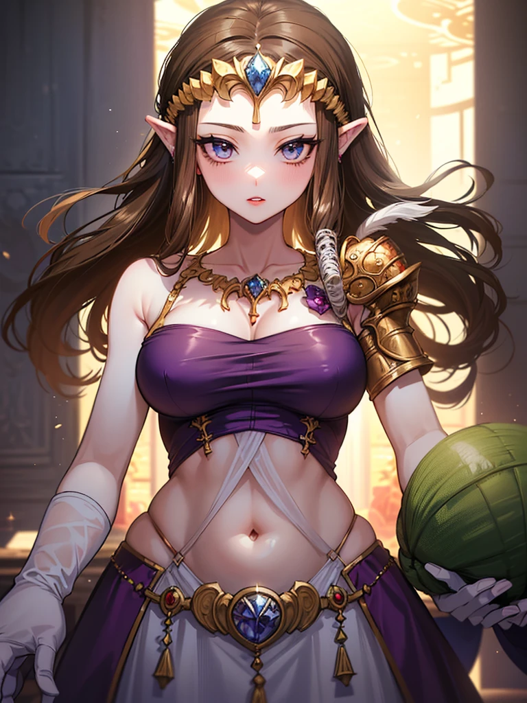 8K high quality, high accuracy, princess zelda, beautiful figure, beautiful face, twilight princess, beautiful, bright, highlights in eyes, small ears, brown hair, beautiful line drawing. Open mouth, tongue sticking out, purple background, blue eyes, revealing outfit, arms up, armpits showing, black underwear, flashy tinted underwear, drawn from head to stomach, large breasts, large breasts, J cup breasts,