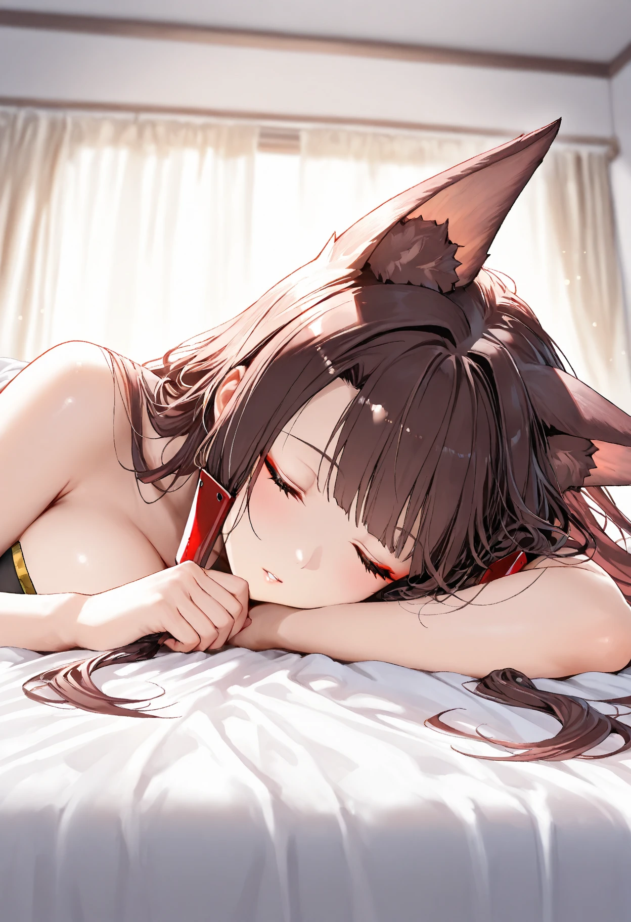 anime artwork, score_9, score_8_up, score_7_up, score_6_up, score_5_up, score_4_up,sparkle \(honkai: star rail\),1girl, twintails, black hair, small breasts, red eyes, red eyeshadow, fox mask, , , , , she is 24 years old, , ,horny, style_3, floox style, . She has fluorescent pink eyes with tiny black dots under each of her eyes.. naked, , naughty smile, , towel wrapped around body, sit in sofa, leaning on back, grey background, hand on crotch