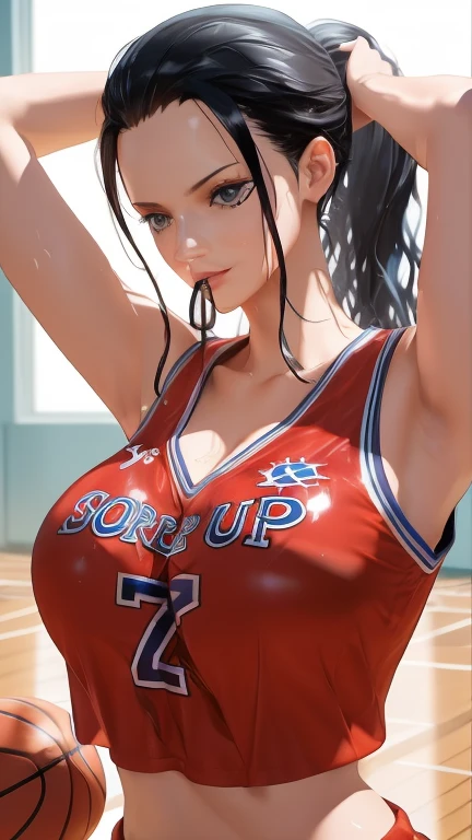 4k,realisticlying,Beautiful age,Black Widow ponytail,Moles are visible on the face,Attractive appearance,Eyes tease,bite lips,Chest focus,sexy and plump,ass focus,Exposed large breasts,smooth body,Detailed curves,upper legs,Bedroom access at night,Full body stockings hazel eyes,Chest focus,heavy makeup,Love handle,Out-of-place clothes,skin indentation,tmasterpiece:1.2,best qualtiy),realisticlying,(Real pictures,Complicated details,depth of fields),(1girl,独奏),putting makeup on,lips parted,highly details,s the perfect face,(gigantic cleavage breasts:2.4),(skindentation ),(( Slender legs)), Wide hips, big breasts thin waist, Tall, Coral lip, long whitr hair, blackigeyes, ((Haruko Akagi, Red basketball suit,denim short)), (perspired:1.2), (dampness), Raised sexy, Be red in the face